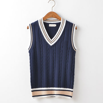 Sweater Vest Men Thicken V-neck Sleeveless Knitted Sweaters Vests Striped Retro Preppy-style Simple Chic Loose Casual All-match